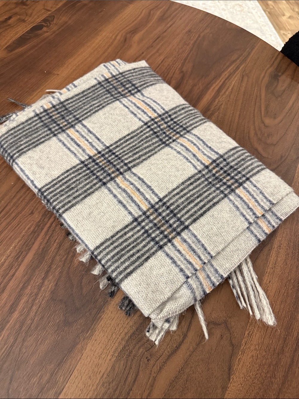Cozy Plaid Fringe Scarf in Beige and Navy